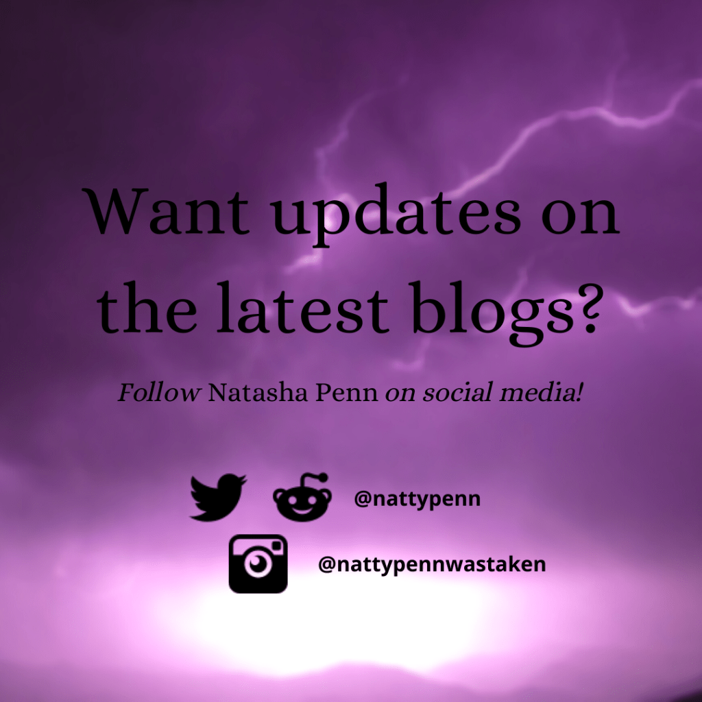 Lightning streaks across the sky. Words overlay that read, "Want updates on the latest blogs? Follow Natasha Penn on social media!" Beneath are the icons for Twitter and Reddit next to the username "nattypenn" and under that is the icon for Instagram with the username "nattypennwastaken"